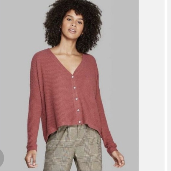 Wild Fable boxy fit waffle knit v-neck button down cardigan - Picture 3 of 11